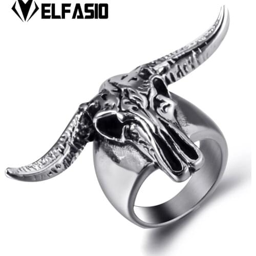 Elfasio Mens Boys Large Horn Goat Skull 316L Stainless Steel Biker Ring Jewelry Size 8, 9, 10, 11, 12, 13