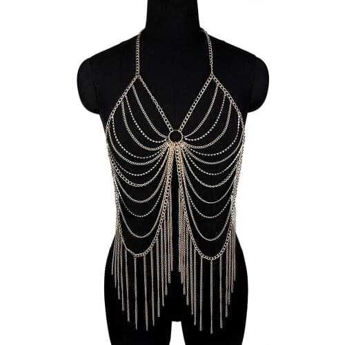 Sexy Womens Metal Tassel Body Chain Halter Chest Chain Neogoth Punk Fashion Girl Bellyband Festival Jewelry Accessories Club