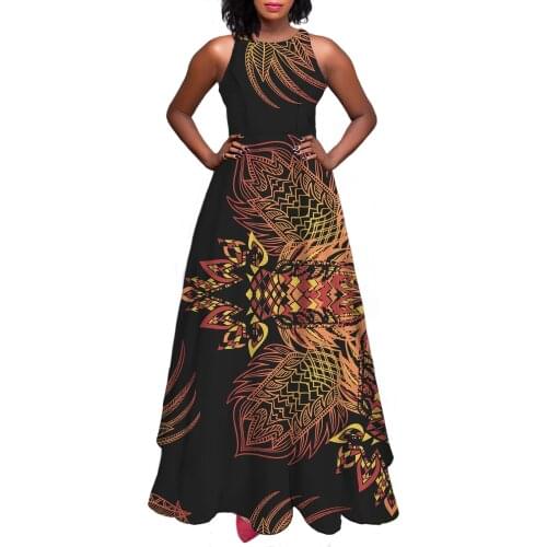 Hycool Dropshipping Elegant Sleeveless Maxi WomenS Evening Dress Tribal Printed Black A-Line Vintage African Clothes For Women