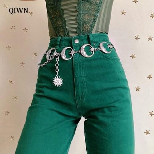 Harajuku Punk Moon Metal Belts Women Vintage High Waist Chain Waist Belts Gothic Moon Sun Sliver Pendant Belts Female