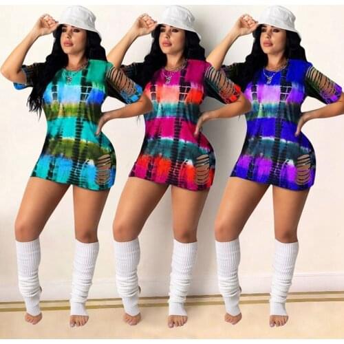 ZKYZWX Sexy Tie Dye Bodycon Mini Dresses for Women 2021 Short Sleeve Bodycon Club Outfits Hole Skinny Birthday Ladies Dress