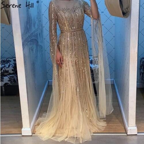 Serene Hill Luxury Gold Beading A-Line Cape Sleeves Evening Gown For Woman Dresses 2021 Fromal Dress LA70637
