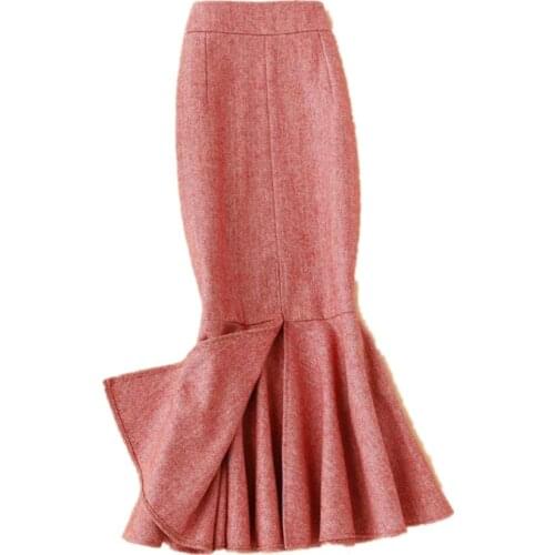 Small fragrance autumn winter split woolen plaid mermaid skirt women high waist package hip ol trumpet skirt