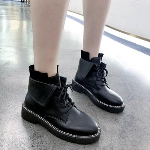 Plus Size Solid Black Leather Boots Flock Ankle Boots Women Shoes Woman Lace Up Autumn Winter Boots Sewing Platform Ladies Boots