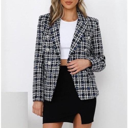 2021 Za New Women Fashion Double Breasted Tweed Short paragraph Blazer Coat Vintage Long Sleeve Pockets Female Outerwear Chic