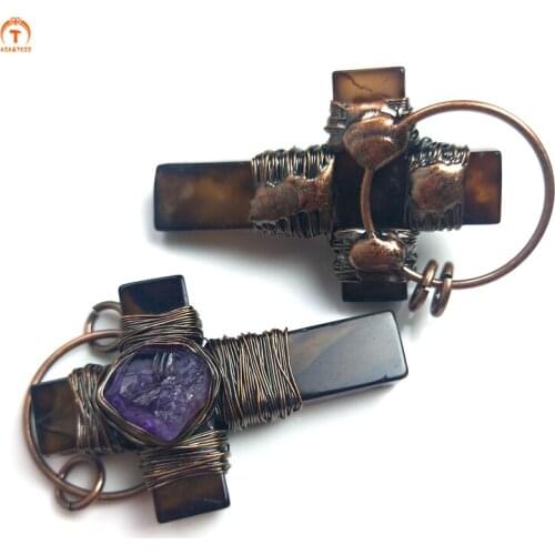 Natural Amethyst Gemstone Healing Cross Charms Cross Religion Pendant Wire Wrapped Agate Pendant Necklaces For Women Jewelry Set