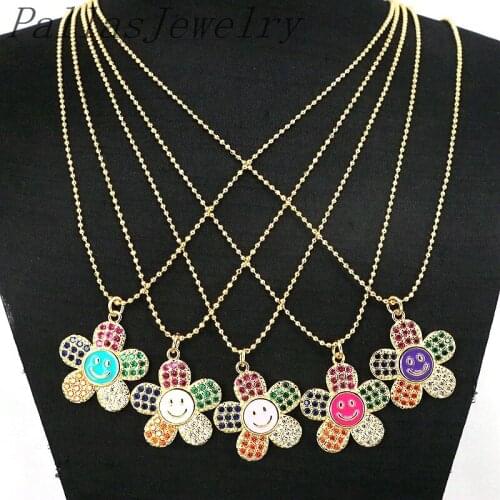 10Pcs New Enamel Smiley Face Necklace Sun Flower Rainbow Crystal Zircon Pendant Necklace Fashion Luxury Jewelry Gift for Ladies