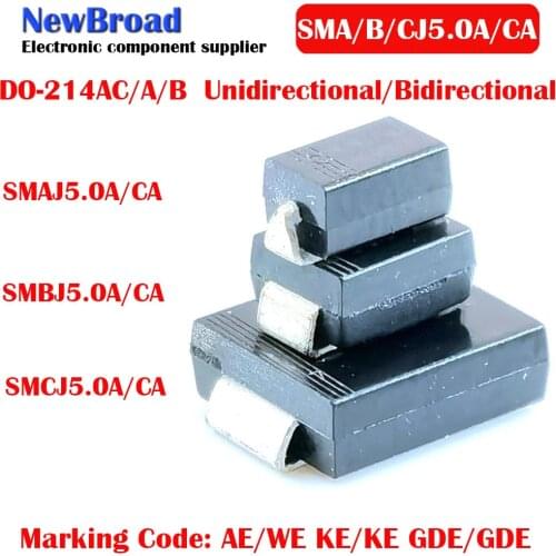 10PCS SMD TVS Diode Unidirectional SMAJ5.0A AE SMBJ5.0A KE SMCJ5.0A GDE Bidirectional SMAJ5.0CA WE SMBJ5.0CA KE SMCJ5.0CA GDE