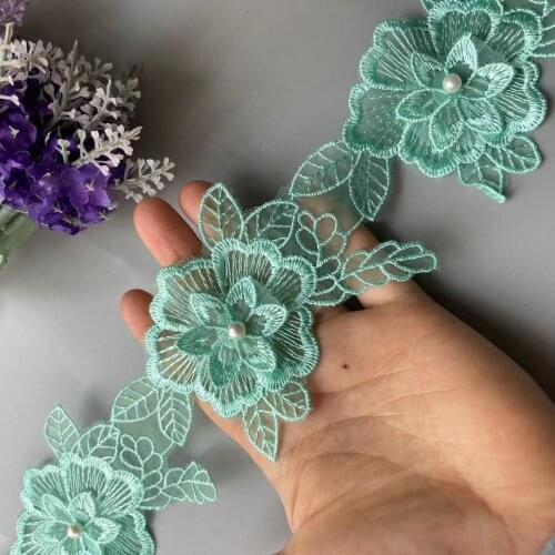 10x Green Lace Pearl Trim Ribbon 3D Floral Beaded Flower Embroidered Applique Patches Dress Fabric Sewing Craft Vintage 10cm New