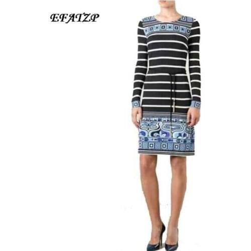 2017 Autumn Luxury Brands Jersey Silk Dress Womens Long Sleeve Charming Geometric Print Spandex Stretchable Signature