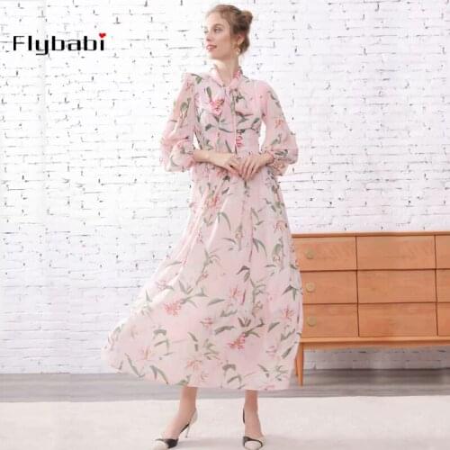 Large lily printing silk bow Ankle-Length High Quality full sleeve Flowers Elegant Seaside holiday Beach Style maxi long dress