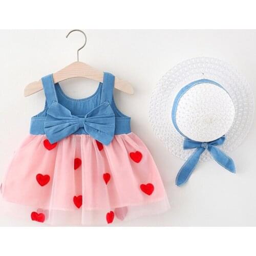 Infant Girl Dresses Sleeveless Blue Denim Baby Princess Dress Birthday Clothing Straw Hat Embroidery Baby Girl Summer Dress