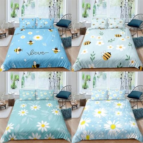 Luxury 3D Little Daisy Bee Printed 2/3Pcs Bedding Sets Comfortable Flower Duvet Cover Pillowcase Home Textile Queen/King Size