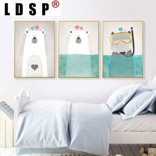 LDSP Nordic Polar Bear Hippo Bird Cartoon Canvas Painting Wall Art Print Poster Picture Modern Kids Baby Bedroom Home Decor