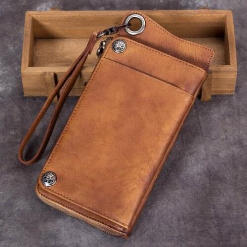 Retro handmade Leather Mens wallet men first layer cowhide card holder long wallets male zipper purses simple thin 2020 new