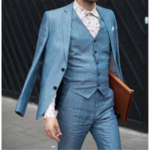 Latest Coat Pant Designs Blue Linen Beach Men Suit Costume Homme 2020 Slim Fit Tuxedo Prom Wedding Groom Best Men Suits 3 Pieces