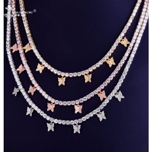 With Butterfly Pendant 4mm 1 Row Tennis Chain Necklace Hip Hop Jewelry Gold Color Men Women Necklace Link Adjustable For Gifts