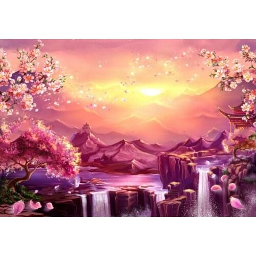 Garden mountain dawn landscape sakura blossoms photo backdrop Vinyl cloth High quality Computer print wall background