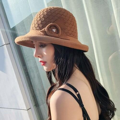 Spring Summer Hat Women Solid Knitted Bucket Hat Breathable Fishing Cap Ladies Packable Panama Hat Female Bucket Cap