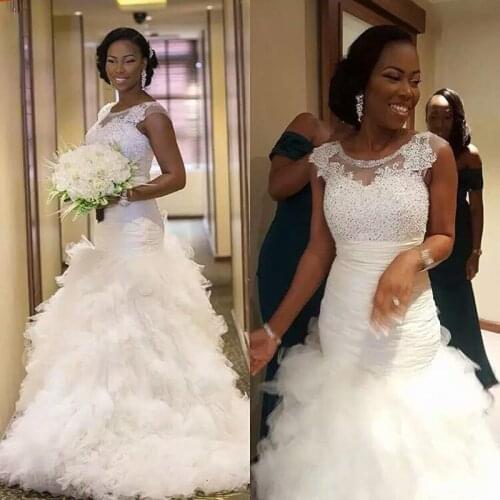 Mermaid Wedding Dresses Designer Ruffle Skirt Bridal Gowns Lace Applique Beading Bodice Jewel Neck Cap Sleeves Plus Size