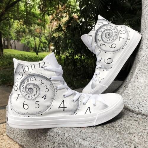 Wen Original Design Hand Painted Shoes Clock Time High Top White Canvas Unisex Shoes Sneaker Women Mens Flat Shoes Skate