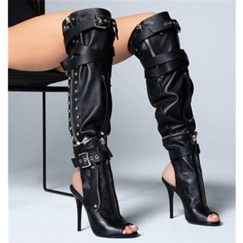 Slingbacks Womens Over The Knee Boots Buckle Strap Motocycle Booties Peep Toe Pumps Long Botas Casual Party Shoes Bottes Femmes