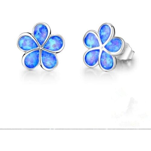 Marcats Cute Flower Clover Stud Earring with Blue Synthetic Opal Stone Trendy Small Earrings for Women Fashion Statement Jewelry