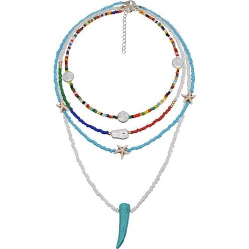 Boho Multilayer Bead Necklace New Design Fashion Simple Hot Selling Ethnic Beach Seed Bead Horn Necklace For Women Gift