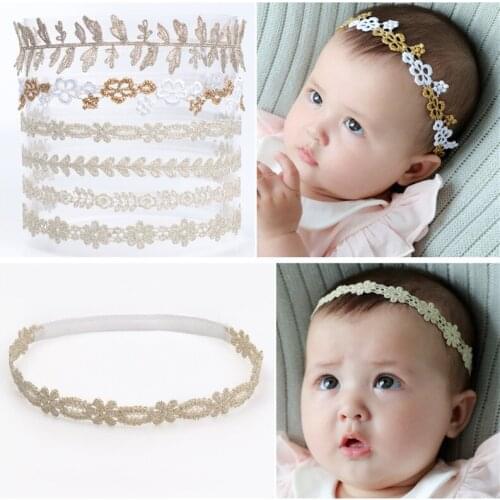 10pcs/lot Gold Embroidery Flower Stretch Headbands Crochet Girl Floral Leaf Head Band