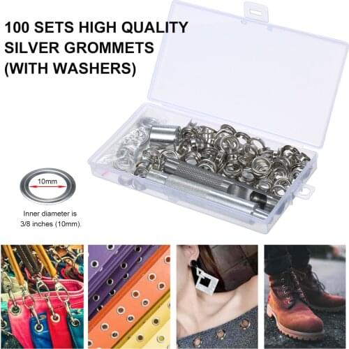 100 Sets 10mm 3/8-inch Grommet Kit Silver Sewing Eyelet Kit with Installation Tools Hole Puncher Storage Box for Leather Fabric