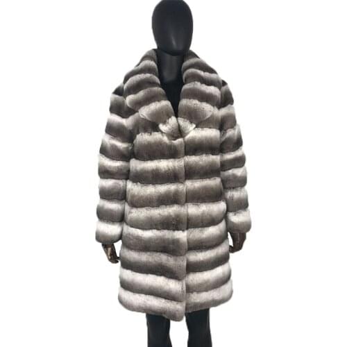 2020 Stylish Chinchilla Fur Jacket Notch Collar Mid-Long Coat Parka Stately Beauty Warm Fashion