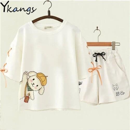 Kawaii Cartoon Print Women T-shirt Casual Shorts Two-piece Suit Summer Sportswear Fashion Korean Style Loose Sports Suit Female