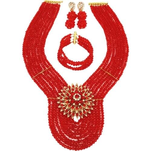 Classic Red Crystal Costume Necklace African Jewelry Set Nigerian Beads Jewelry Sets Wedding Bridal Set Jewelry