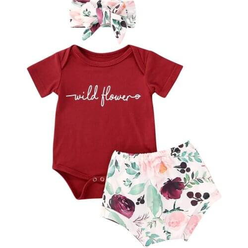 0-24M Newborn Toddler Baby Girls Cotton Clothes Set Letter Printed Short Sleeve Top Romper+Floral Shorts+Headband 3Pcs Suits