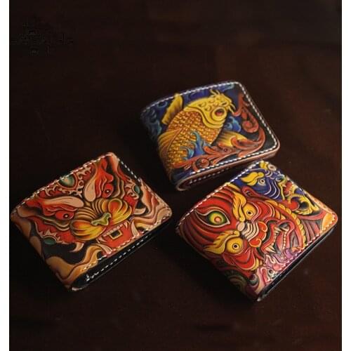 Hand-made Short Cow Leather Wallets Purses Men Skull Clutch Vegetable Tanned Leather Wallet Card Holder