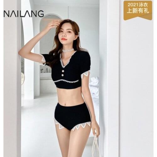 Swimsuit womens split lace black and white contrast color sexy backless thin V-neck Resort Hot Spring 2021 new style