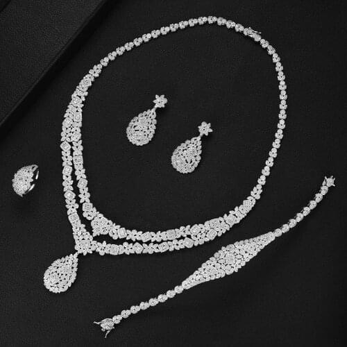 LARRAURI Geometric Drop Elegant Women Wedding Naija Bridal Cubic Zirconia Lariat Necklace Earring Dubai Dress Jewelry Sets