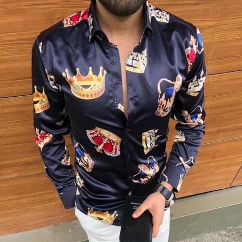 Men Shirts Crown Print Turn-down Collar Spring Autumn Hawaiian COTTON Shirts Polyester Long Sleeve Slims Fit Casual Mens Shirt