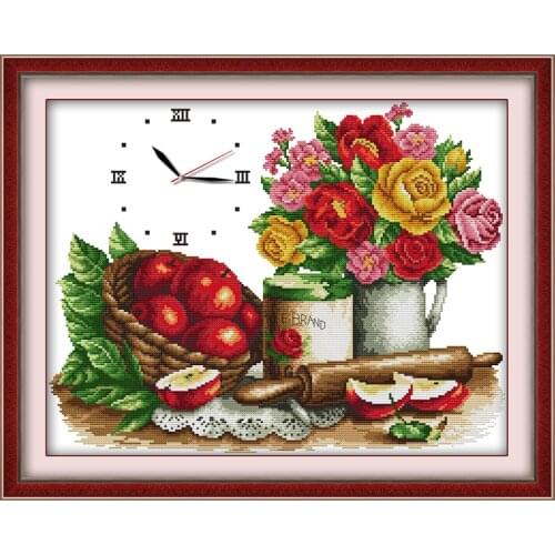 Flowers & fruit cross stitch kit 14ct 11ct count print canvas wall clock stitching embroidery DIY handmade needlework