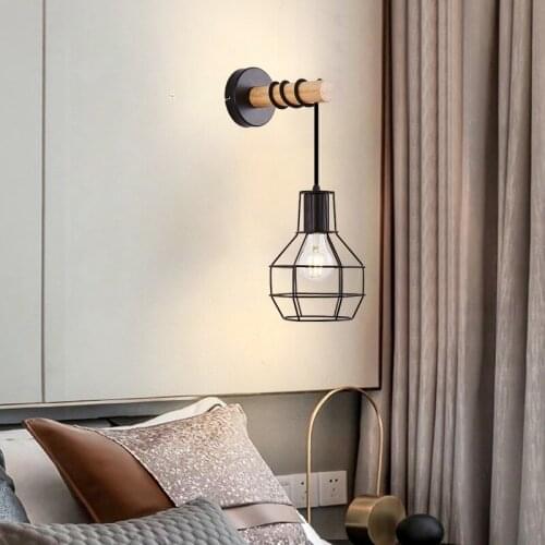 Iron Wood Nordic Black E27 Wall Lamp Bedroom Bedside Study Wall Mount Light Fixture for Living Room Vintage Kitchen Home Decor