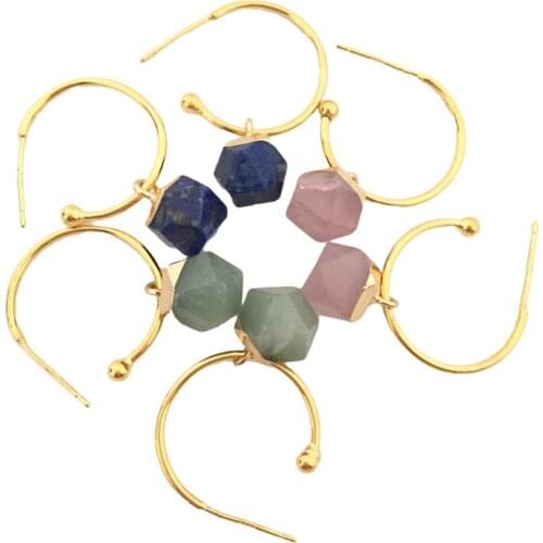 C Shape Wire Octahedral Quartz Stone Dangle Earrings for Women Healing Chakra Healing Crystal Goldtone Color French Style