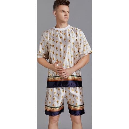Silk Men Pajama Sets Satin Pajama Man Sleepwear Pajamas Nightgown Summer Short Sleeve Print Men Pyjamas