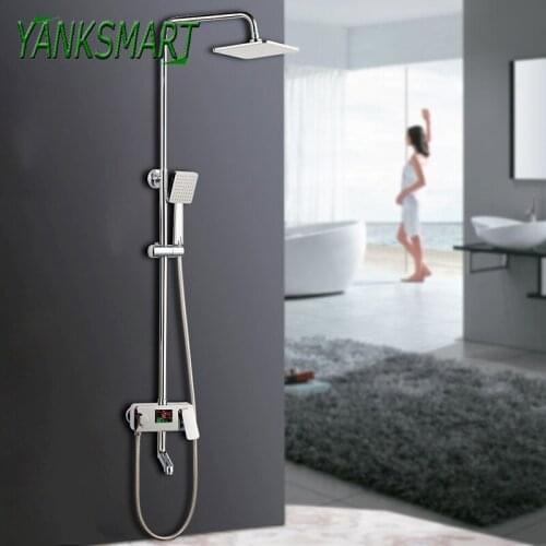 YANKSMART Bathroom Chrome Polished Showers Faucet Rainfall Shower Temperature Digital Display Shower Set Wall Mounted Tap