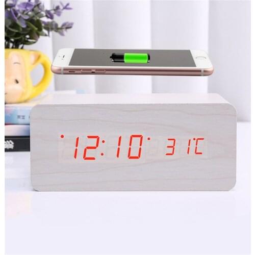 Modern Wooden Digital LED Backlit Alarm Clock Thermometer Qi Wireless Charger
