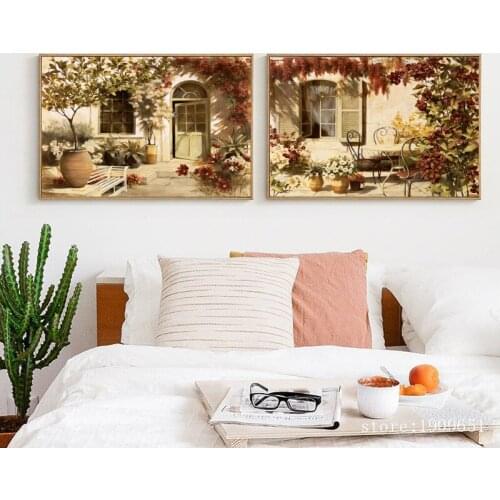Mediterranean house flower tree landscape canvas printings oil painting printed on cotton home wall art decoration pictures
