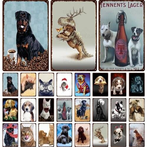 Funny Dog Cat Metal Signs Cute Pet Dog Poster Vintage Wall Art Decorative Plate For Pub Pet Store Home Decoration