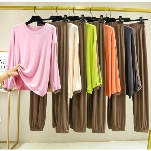 Fdfklak Modal Womens Clothes Homewear Spring Autumn Sleepwear 2 Piece Set Sleeping Home Wear Loose Pijamas Female