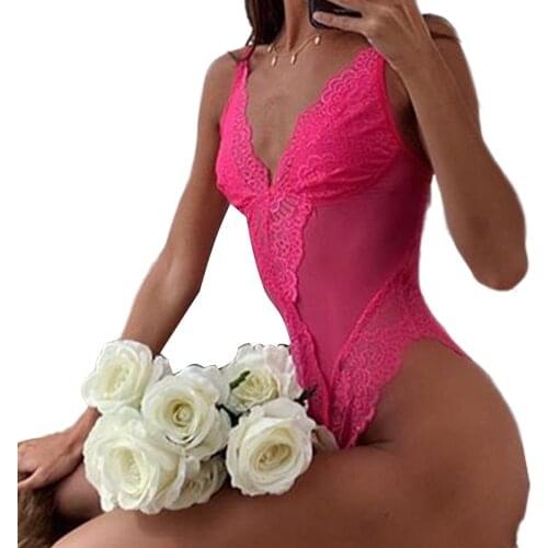 Women Sexy See Through Lace Patchwork Babydoll Bodysuit Lingerie Ladies Sleeveless Deep V Neck Transparent Sleepwear Underwear