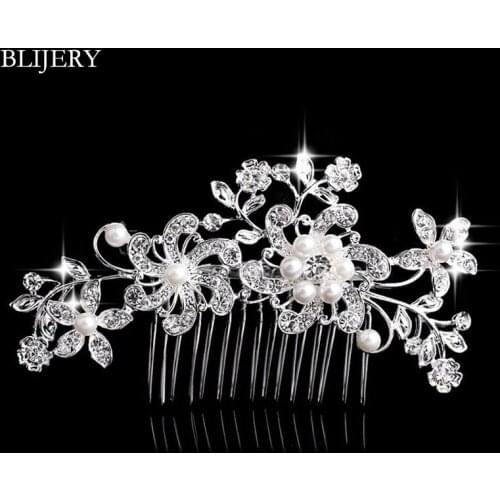 BLIJERY Classic Bridal Hair Accessories Crystal Simulated Pearl Flower Hair Combs for Women Wedding Hair Jewelry Brides Tiara
