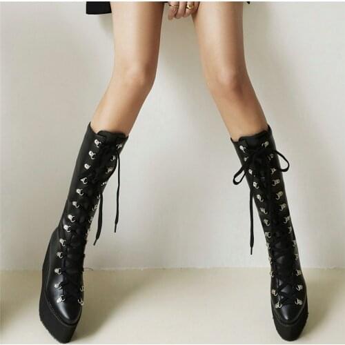 Thigh High Creepers Women Lace Up Straps Wedges High Heel Motorcycle Boots Female Winter Round Toe Platform Pumps Casual Shoes